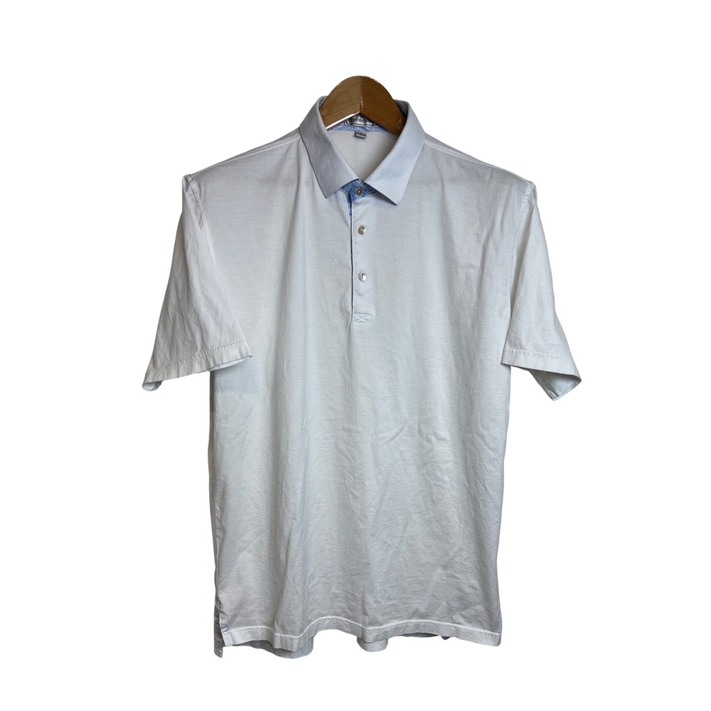 Peter Millar Polo Mens Large White Paisley Trim Short Sleeve Cotton Golf A23